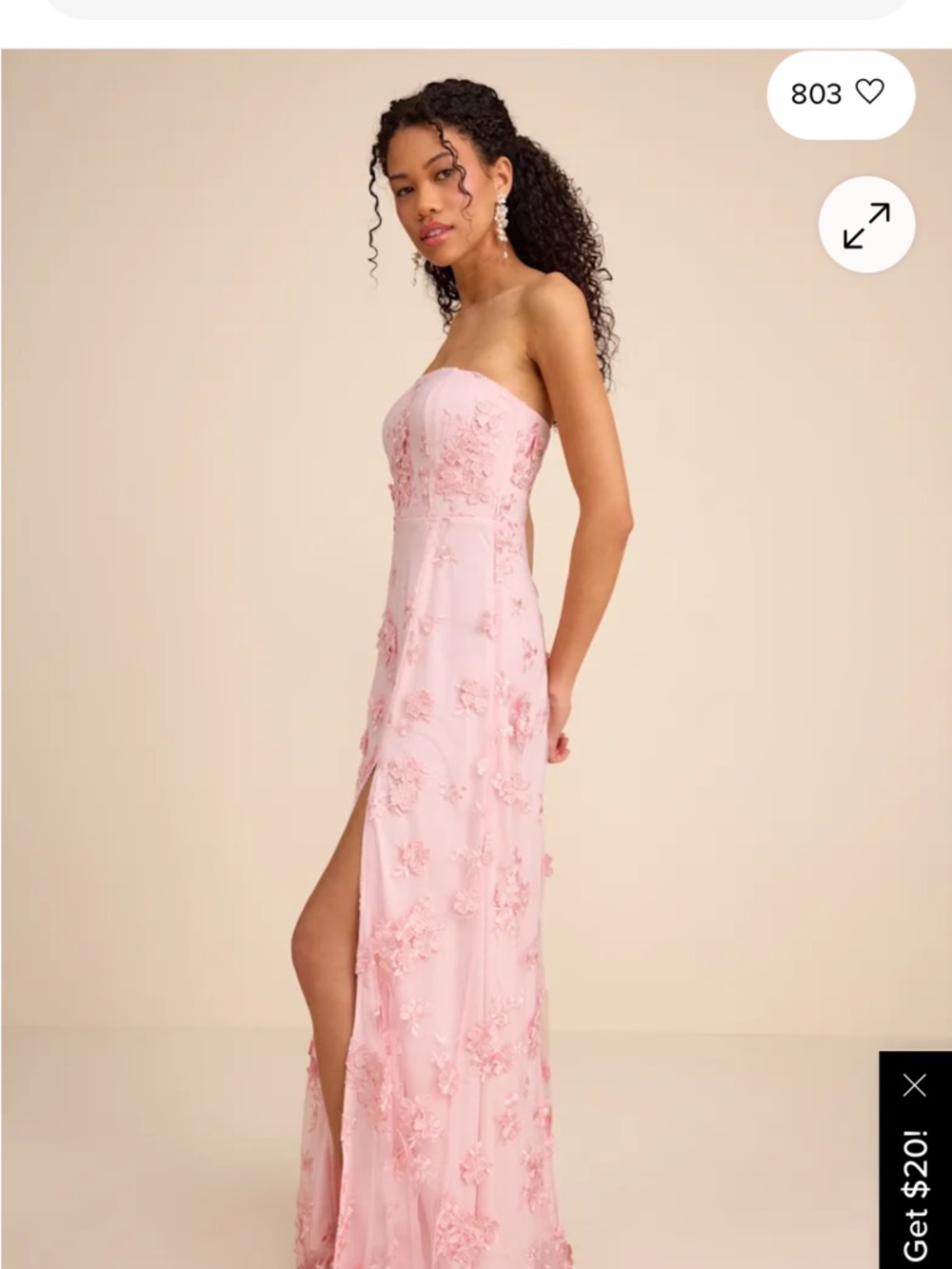 Rare Lulu's Blush Pink Strapless Floral Appliqué Gown
